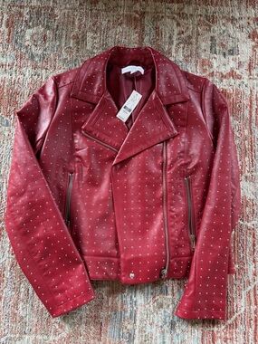New York & Company Red Studded Faux Leather Moto Jacket